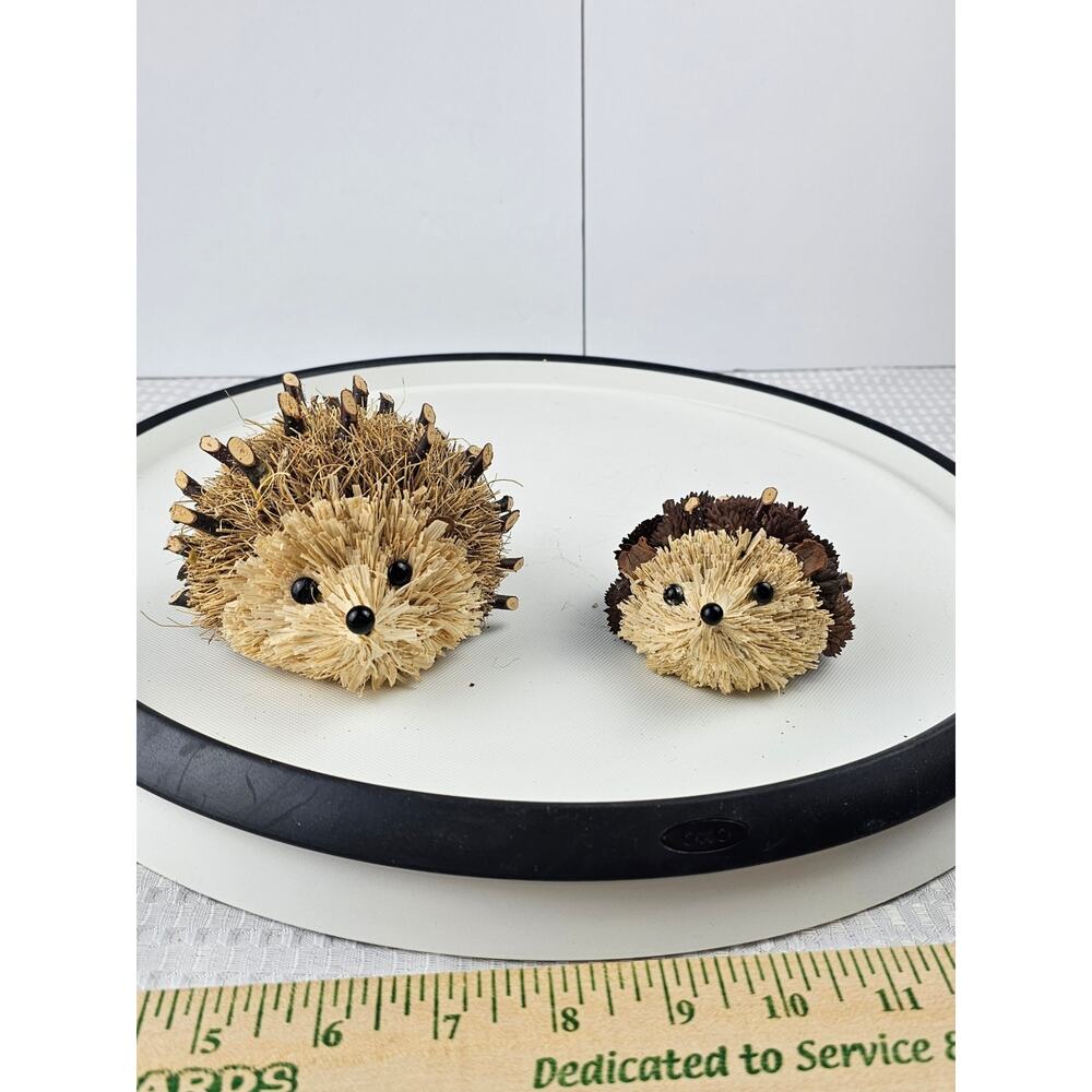 Rustic Natural Fiber Hedgehog Figurines Set of 2 Woodland Tabletop Decor Brown